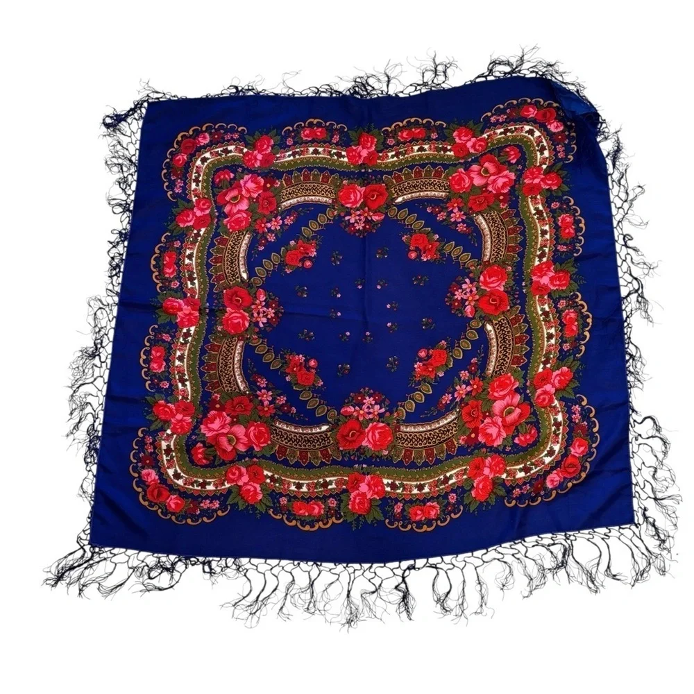 Large Boho Floral Shawl Cloak Wrap Scarf Blue Red Pink Fringe Sz 38X38” Bright